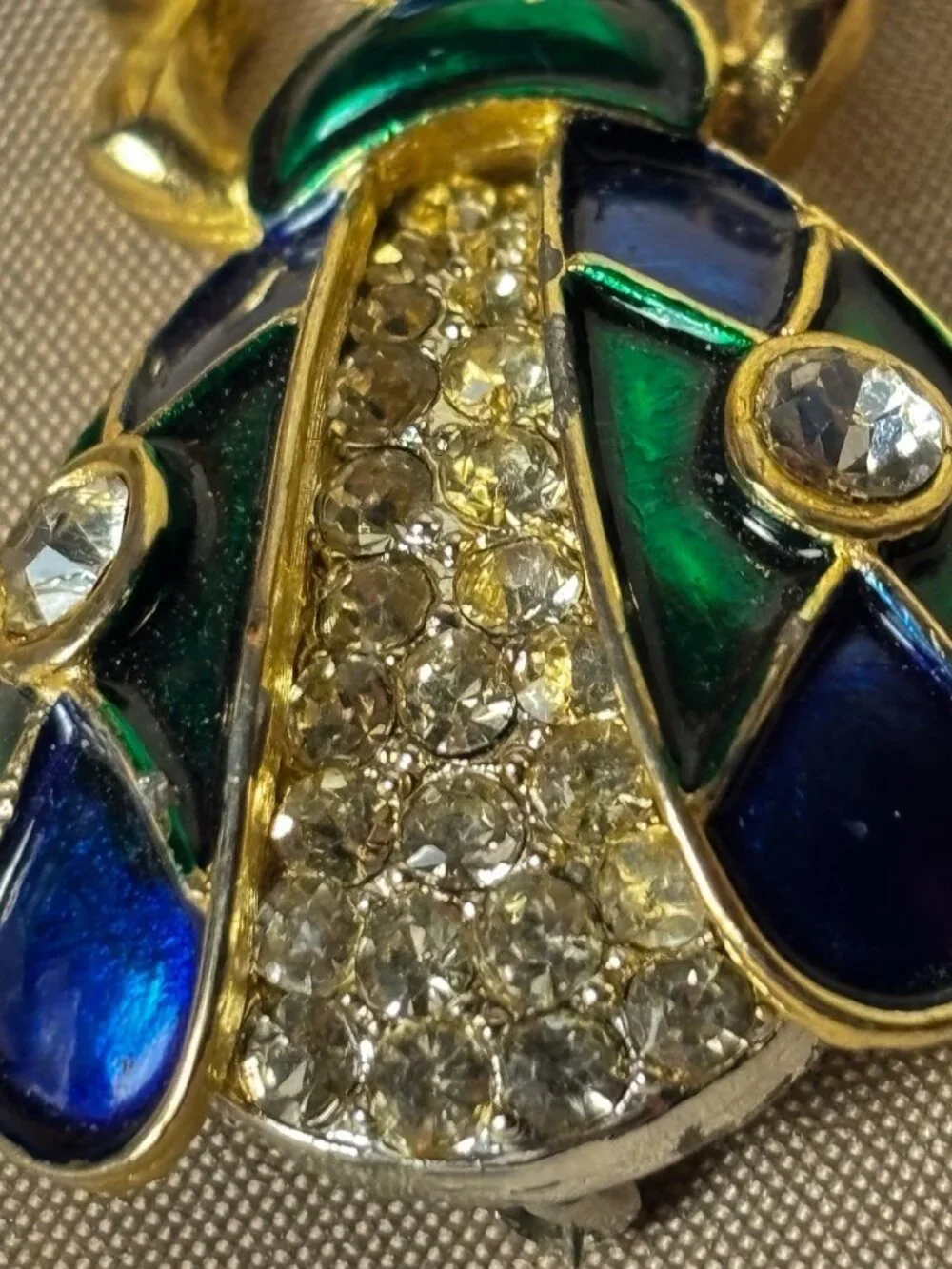 Vintage Gold Plated Green Blue Enamel Rhinestone Bug Brooch Pin Collectible A71 - Picture 6 of 8